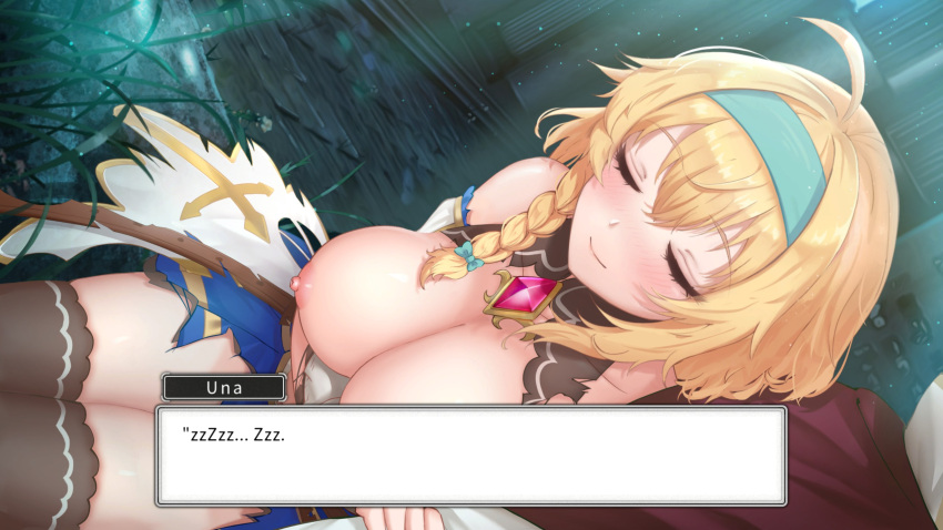 big_breasts blonde_hair blue_eyes cleavage damaged_armor dungeon game_cg hanabi_fuusen leaning mango_party nipples screencap sleeping take_me_to_the_dungeon torn_clothes una_(take_me_to_the_dungeon) video_game_character