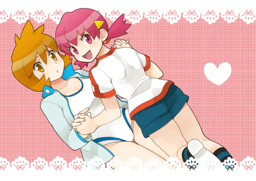 2_girls 2girls akane_(pokemon) arm arms art babe back bare_legs blush breasts collarbone creatures_(company) female friends game_freak green_eyes gym_leader hair_between_eyes hair_ornament hand_holding happy heart humans_of_pokemon interlocked_fingers jacket kasumi_(pokemon) leg_lift legs long_sleeves looking_at_another looking_at_viewer looking_back love low_twintails misty_(pokemon) multiple_girls neck nintendo one-piece_swimsuit open_mouth orange_eyes orange_hair pink_eyes pink_hair pokemon pokemon_(anime) pokemon_(game) pokemon_black_2_&amp;_white_2 pokemon_bw2 pokemon_frlg pokemon_gsc pokemon_hgss pokemon_red_green_blue_&amp;_yellow pokemon_rgby porkyman shita_ppa short_hair short_shorts shorts shy smile sneakers socks striped striped_socks swimsuit white_swimsuit whitney_(pokemon) yuri