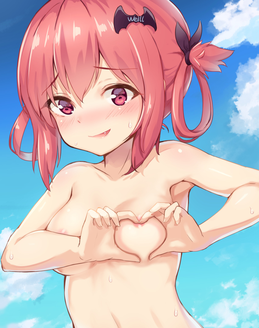 1girl 1girl absurd_res areola_slip armpits bat_hair_ornament blush breasts cloud cloudy_sky commentary_request day fang gabriel_dropout hair_ornament hair_ribbon hair_rings heart heart-shaped_boob_challenge heart_hands high_res nervous_smile nude red_eyes red_hair ribbon satanichia_kurumizawa_mcdowell shy sky small_breasts smile sweat upper_body weill