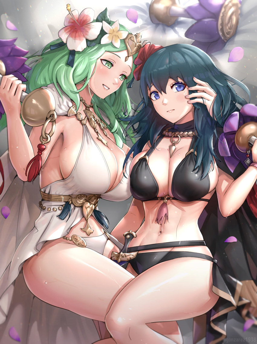 2_girls abs absurd_res alluring alternate_costume athletic_female big_breasts bikini black_bikini black_vs_white blush breast_press breasts byleth_(female) byleth_(fire_emblem) byleth_(fire_emblem)_(female) cape cleavage closed_mouth dagger exercise female_abs female_focus fire_emblem fire_emblem:_three_houses fire_emblem_heroes fit_female flower forehead gonzarez green_eyes green_hair hair_between_eyes hair_flower hair_ornament hand_on_another's_face hand_on_another's_head hibiscus high_res holding knife long_hair looking_at_another looking_to_the_side lying matching_hair/eyes multiple_girls navel nintendo official_alternate_costume parted_lips petals pink_lips red_flower revision rhea_(fire_emblem) rhea_(summer)_(fire_emblem) sheath sheathed sideboob smile sweat sweatdrop swimsuit teal_eyes teal_hair thighs weapon weightlifting white_bikini white_cape white_flower yuri