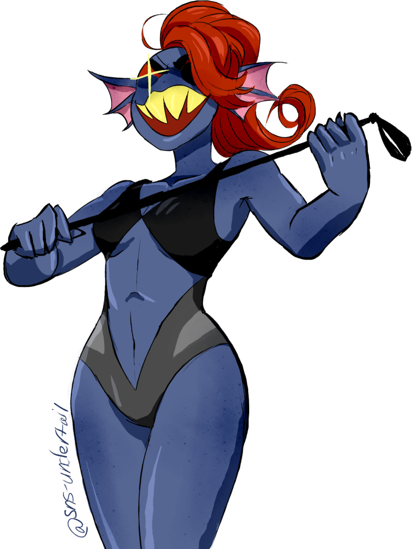 1girl anthro blue_body blue_skin breasts dominatrix dominatrix_outfit female female_anthro female_only fish hair_over_one_eye long_hair marine monster monster_girl navel non-mammal_breasts non-mammal_navel partially_clothed ponytail red_hair sharp_teeth sns-undertail solo solo_anthro solo_female sparkling_eye undertale undertale_(series) undyne white_background yellow_teeth
