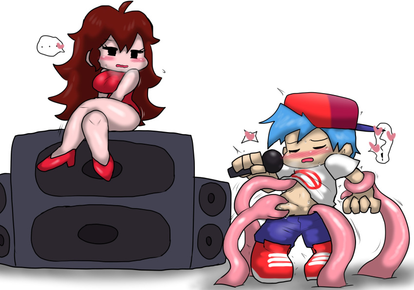 1boy 1girl 2d 2d_(artwork) blue_hair blush boyfriend_(friday_night_funkin) clothed cyan_hair digital_media_(artwork) enigi09 friday_night_funkin girlfriend_(friday_night_funkin) holding_microphone male male_focus microphone questionable_consent speaker spoken_heart surprise_sex tentacle tentacle_on_male tentacles third-party_source video_games watching white_background