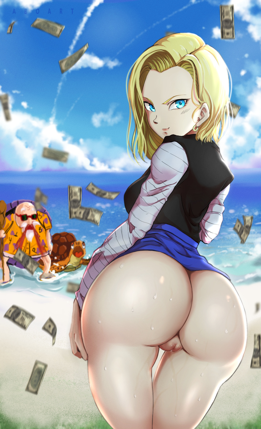 1boy 1girl 1girl aboart android_18 anime_milf arm_at_side ass big_ass blonde_hair blue_eyes blue_sky bob_cut breasts clothed_female cloud cloudy_sky dragon_ball dragon_ball_z fanart female_focus half-dressed high_res high_resolution huge_ass innie_pussy large_filesize looking_at_viewer looking_back male male/female master_roshi mature mature_female milf money ocean old_man pussy sand short_hair sky smirk solo_female tagme thin_eyebrows very_high_resolution water watermark wet wet_body