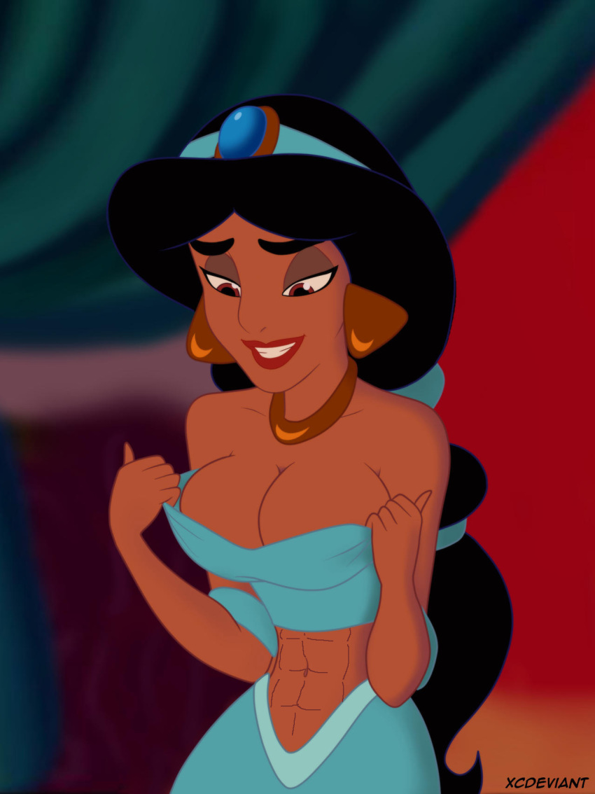 1girl about_to_rip_off_clothes about_to_undress aladdin_(series) alluring athletic_female big_breasts black_hair brown_eyes cleavage disney disney_princess female_abs fit_female princess_jasmine xcdeviant