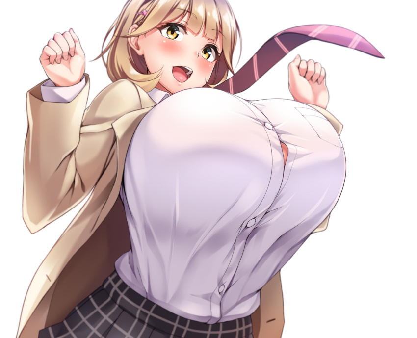 1girl blonde_hair bouncing_breasts breasts clothed_female female_focus female_only huge_breasts jacket narusawa_ryouka occultic;nine open_jacket ponchi_(menchi0925) school_uniform schoolgirl shirt short_hair simple_background skirt solo_female solo_focus straining_buttons teen tie
