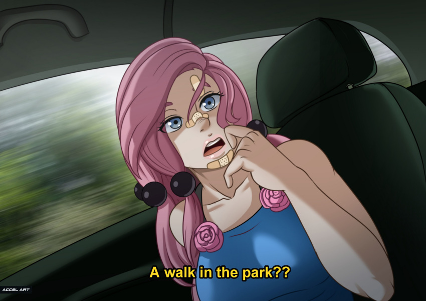 1girl accelart bare_arms car_interior clothed dress female female_only in_car jojo's_bizarre_adventure looking_at_viewer sleeveless sleeveless_dress solo tagme yasuho_hirose
