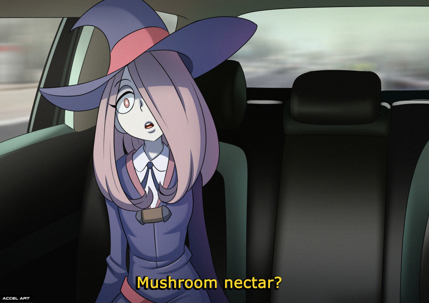 1girl accelart backseat car_interior clothed english_text female female_only hair_over_one_eye hat in_car little_witch_academia sucy_manbavaran tagme