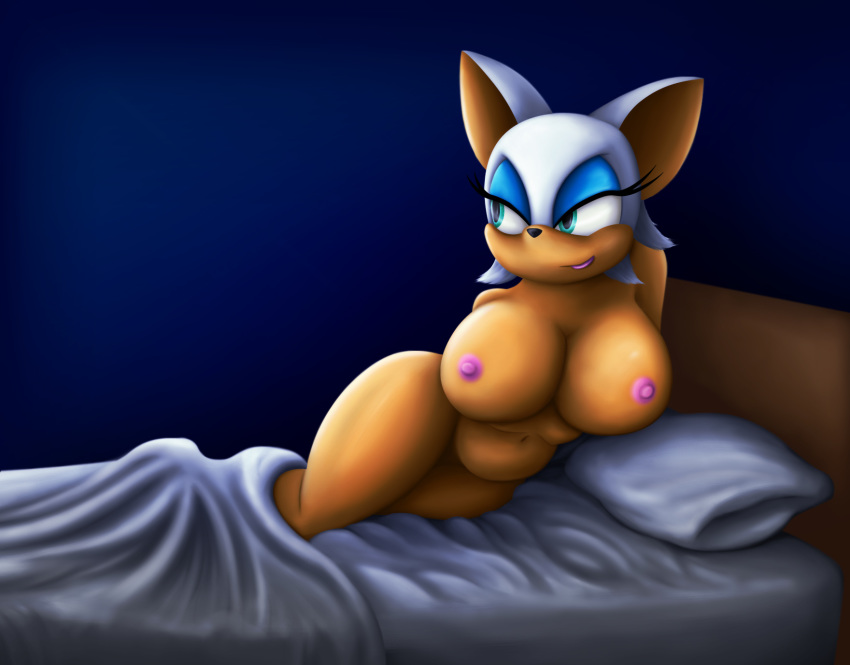 1girl anthro astraldog_(artist) bat bed black_nose breasts eyelashes female female_only furry gradient_background green_eyes huge_breasts large_breasts mammal navel nipples nude pillow rouge_the_bat sega simple_background sonic_(series)