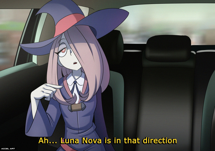 1girl accelart backseat car_interior clothed female female_only hair_over_one_eye half-closed_eyes hat in_car little_witch_academia sitting solo sucy_manbavaran tagme