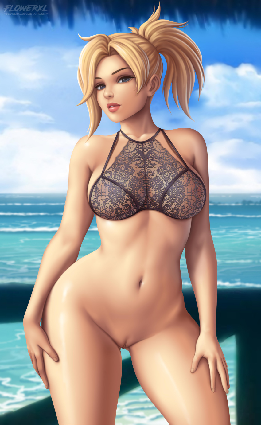1girl 1girl absurd_res beach big_breasts black_bra black_lingerie blonde_hair blue_eyes bottomless bra breasts bridge curvy day eye_contact feet flowerxl high_res lace lace-trimmed_bra lace-trimmed_panties lace_trim lips lipstick looking_at_another makeup medium_breasts mercy_(overwatch) navel no_underwear_(female) ocean overwatch overwatch_1 palms panties parted_lips ponytail pussy underwear video_game_character