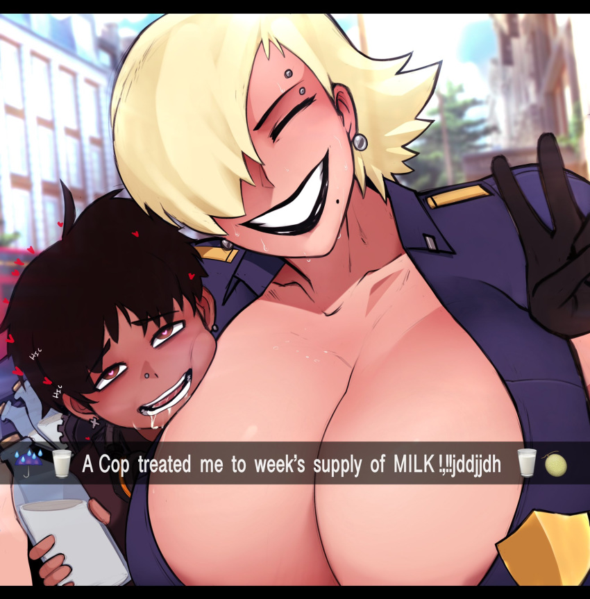 1boy 1girl areola areola_slip avis_(strangehero) big_breasts black_lipstick blonde_hair breasts_bigger_than_head cop english_text gloves grin head_on_breasts heart-shaped_pupils heart_eyes huge_breasts in_public lactation lactophilia larger_female massive_breasts milk picture police police_uniform policewoman public selfpic short_hair size_difference snapchat strangehero text v