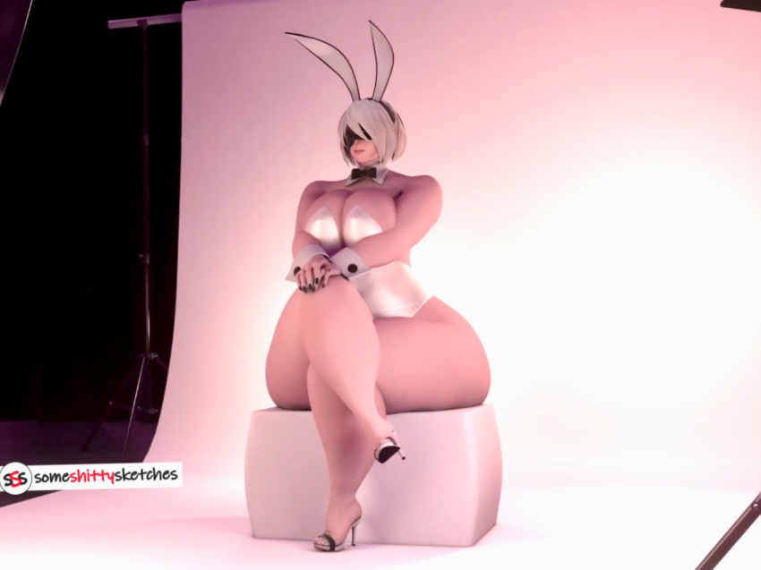 1girl 3d artist_name bare_shoulders big_breasts bitch bowtie breasts bunny_ears bunnysuit cleavage clothed collar colored_nails curvy high_heels huge_breasts indoors legs legs_crossed nier nier:_automata nier_(series) non-nude posing revealing_clothes sexy sitting slut someshittysketches thick thick_thighs white_hair wide_hips yorha_2b yorha_no._2_type_b