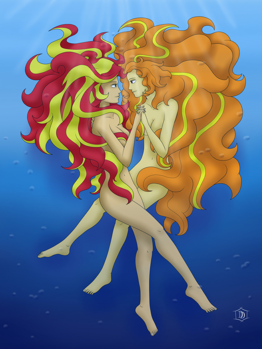 1girl 2_girls adagio_dazzle barefoot bedroom_eyes breasts deddrunk equestria_girls eye_contact feet grin hasbro holding_hands my_little_pony nudity older older_female questionable rainbow_rocks sunset_shimmer underwater young_adult young_adult_female young_adult_woman yuri
