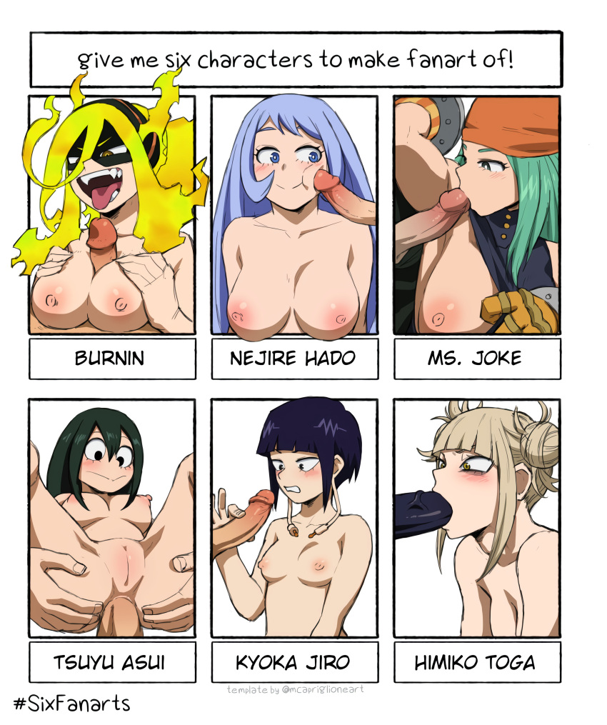 1girl 6+boys 6+girls anal asui_tsuyu bandana between_breasts black_eyes black_hair blonde_hair blue_eyes blue_hair blush boku_no_hero_academia breast_press breasts breasts_out_of_clothes burnin_(boku_no_hero_academia) character_name cleft_of_venus clenched_teeth closed_mouth grabbing green_eyes green_hair groping hadou_nejire hair_ornament high_resolution huge_breasts jirou_kyouka long_hair male mask medium_breasts meme ms._joke multiple_boys multiple_girls my_hero_academia nipples nude open_mouth oral paizuri paizuri_lead_by_female penis penis_grab penis_on_face pussy sex sharp_teeth short_hair simple_background six_fanarts_challenge small_breasts spread_legs teeth toga_himiko tongue tongue_out veins veiny_penis white_background yellow_eyes