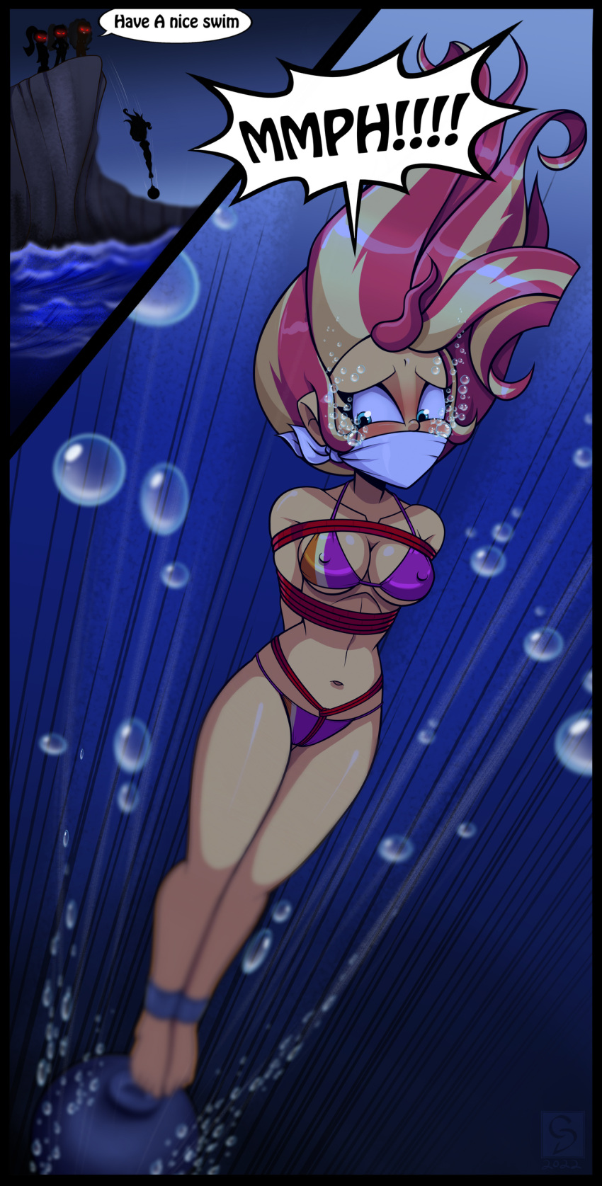 1girl 4girls adagio_dazzle aria_blaze arms_behind_back asphyxiation bad_end belly_button big_breasts bikini bondage bound_and_gagged breasts bubble cliff cloth_gag clothes comic commission crotch_rope dialogue drowning equestria_girls erect_nipples evil execution female_only fetish gag gaggeddude32 hasbro human looking_down muffled_words my_little_pony night nipple_outline older older_female peril questionable red_eyes rope rope_bondage screaming semi-grimdark shackles silhouette sonata_dusk speech_bubble sunset_shimmer swimsuit tied_ankles tied_up underwater weight young_adult young_adult_female young_adult_woman