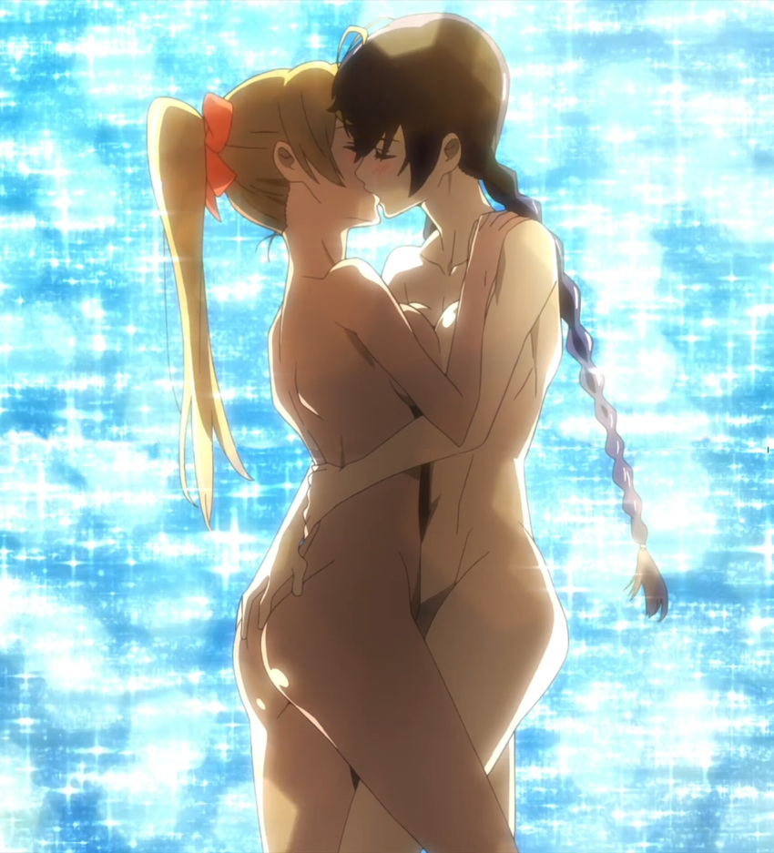 2girls anime blush breast_press female female_only friends highschool_of_the_dead kissing nude rei_miyamoto saeko_busujima water yuri