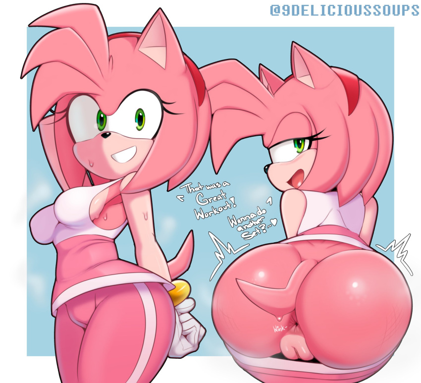 &lt;3 1girl 1girl 1girl 2023 accessory amy_rose anal_wink anthro anus artist_name ass bedroom_eyes big_ass big_breasts black_nose blush bodily_fluids bottomwear bottomwear_down breasts clothed clothing dat_ass delicioussoup dialogue english_text eulipotyphlan eyelashes genitals green_eyes hair hair_accessory hairband half-closed_eyes hedgehog high_res looking_at_viewer looking_back mammal narrowed_eyes pants pants_down partially_clothed pink_hair pussy seductive sega shirt short_hair side_boob smile sonic_riders sonic_the_hedgehog_(series) sweat tail text topwear