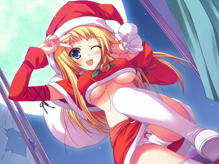 1girl bandeau bell blonde_hair blue_eyes blush bow bow_panties breasts christmas copyright_request detached_sleeves dutch_angle erect_nipples female from_below hat long_hair miniskirt moon one_eye_closed open_mouth panties pantyshot santa_costume santa_hat skirt solo strapless thighhighs tomose_shunsaku tubetop underboob underwear upskirt v white_panties wink