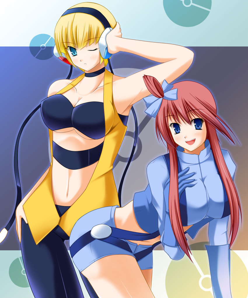 2_girls 2girls aqua_eyes arm arm_support arm_up armpits arms art babe bare_legs bare_shoulders bent_over big_breasts blonde blonde_hair blue_eyes blue_gloves blush breasts cable choker cleavage coat collarbone elbow_gloves elesa female fuuro_(pokemon) gloves guatemala gym_leader hair_ornament hand_on_chest hand_on_hip hand_on_own_chest headphones high_res highres jacket kamitsure_(pokemon) large_breasts legs long_hair looking_at_viewer midriff multiple_girls navel neck nintendo open_mouth pantyhose pokemon pokemon_(anime) pokemon_(game) pokemon_black_and_white pokemon_bw red_hair redhead serious short_hair short_shorts shorts side_ponytail skyla smile standing strapless tubetop underboob vest wink