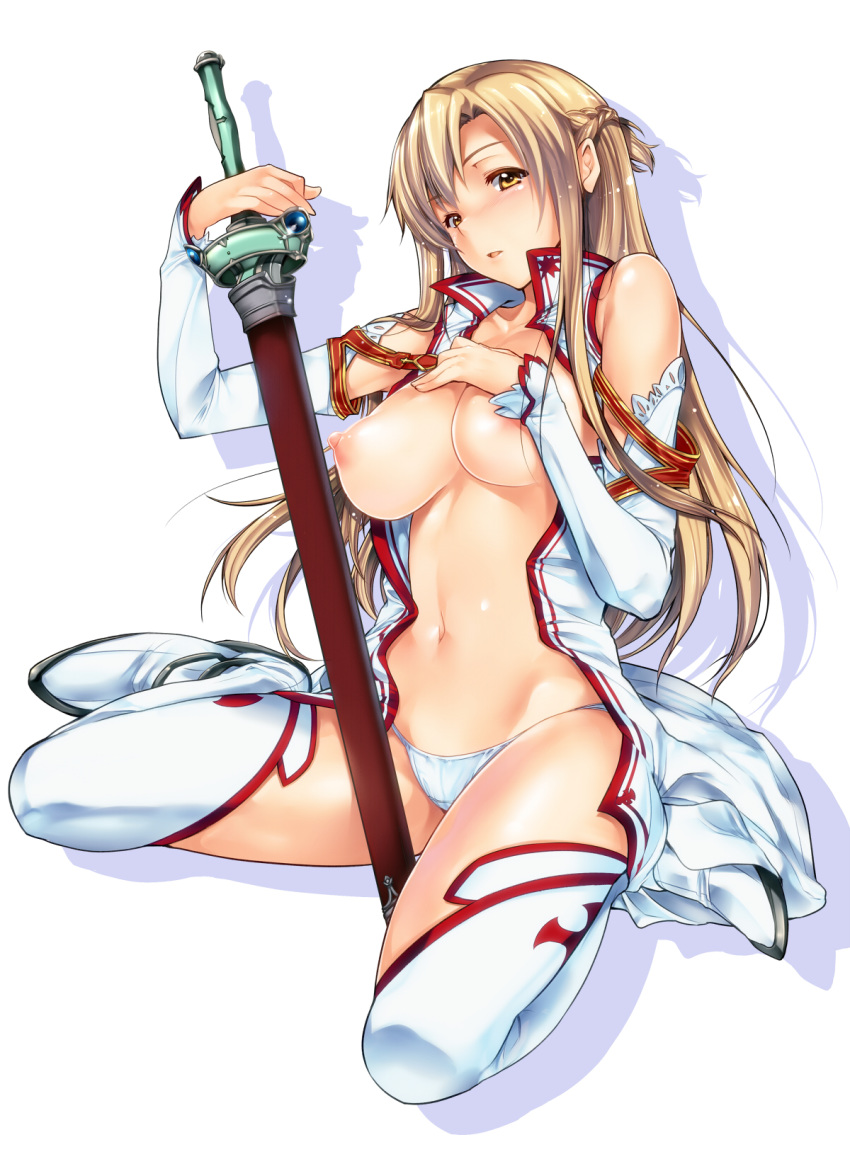 1girl asuna_(sao) blush braid breasts brown_eyes brown_hair detached_sleeves female fesuta highres kneeling large_breasts navel nipples open_clothes panties parted_lips shiny shiny_skin simple_background solo sword sword_art_online thighhighs underwear weapon white_background