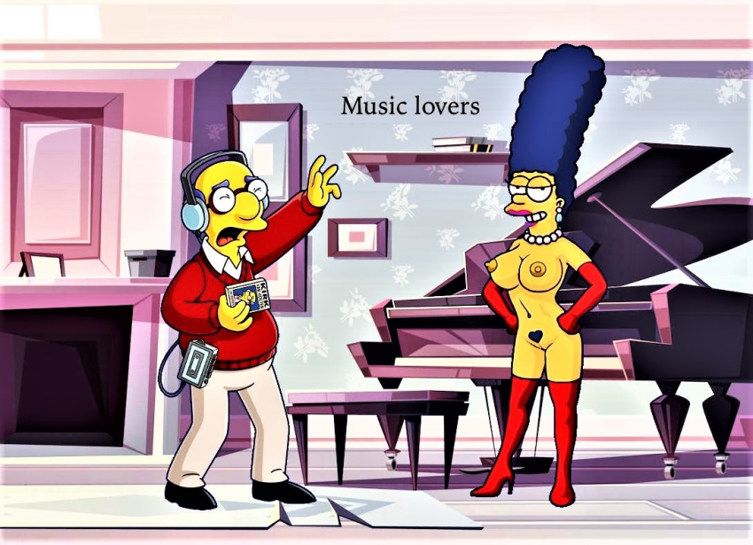 big_breasts blue_hair erect_nipples marge_simpson nude pearls pubic_hair pussy the_simpsons thigh_high_boots thighs yellow_skin