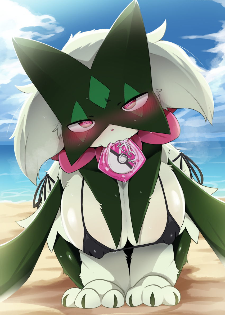 1girl all_fours anthro aroused beach big_breasts bikini blush breasts clothing condom condom_in_mouth dagasi digital_media_(artwork) english_text fingers gen_9_pokemon high_res looking_at_viewer meowscarada micro_bikini nintendo nipple_outline object_in_mouth outside pokemon pokemon_(species) seaside sexual_barrier_device spiral_eyes swimwear text