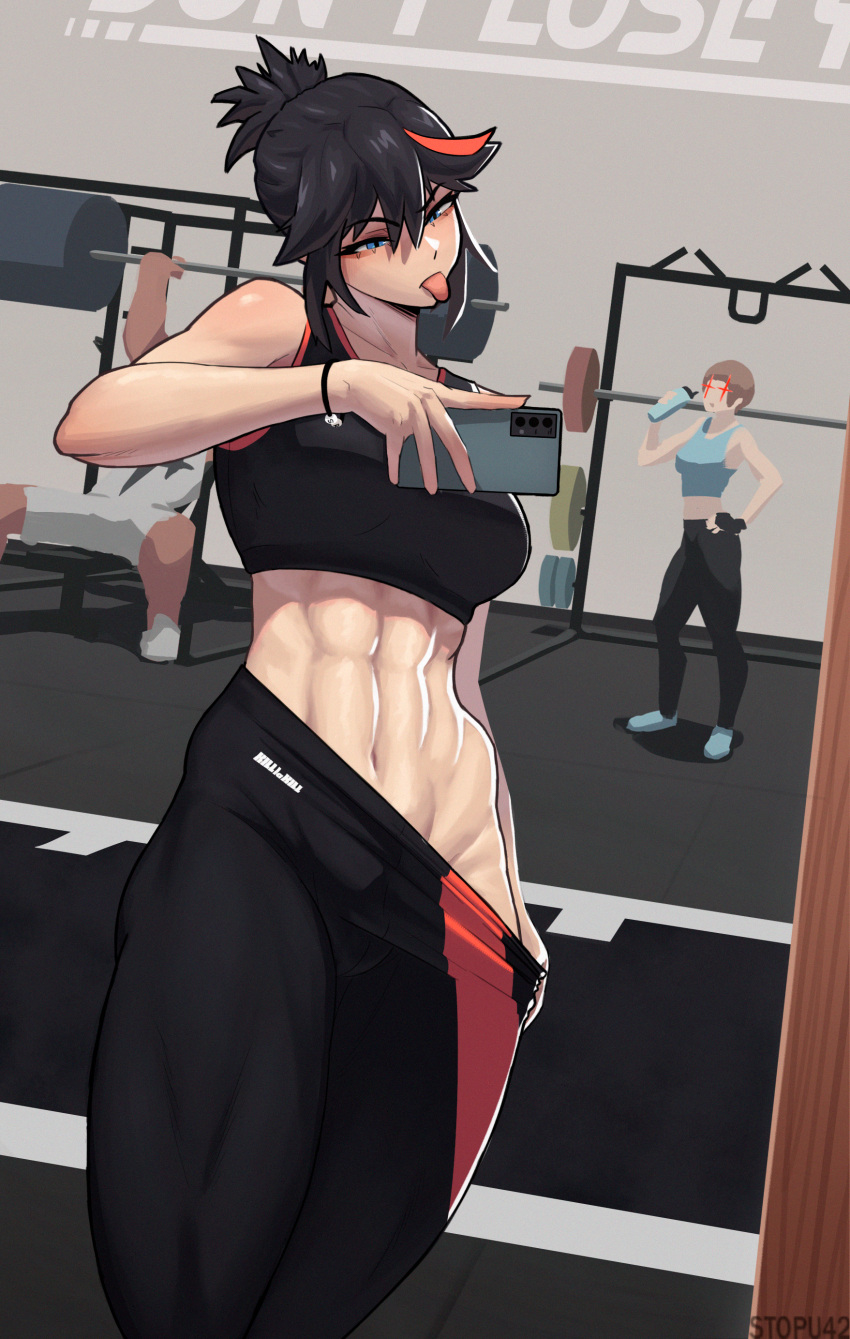 1boy 2_girls abs absurd_res alluring athletic_female barbell black_hair blue_eyes bottle brown_hair cellphone clothes_pull exercise female_abs fit_female glowing glowing_eyes gym high_res kill_la_kill mankanshoku_mako matoi_ryuuko mirror multicolored_hair pants pants_pull phone red_hair selfpic smartphone sports_bra stopu toned tongue tongue_out water_bottle
