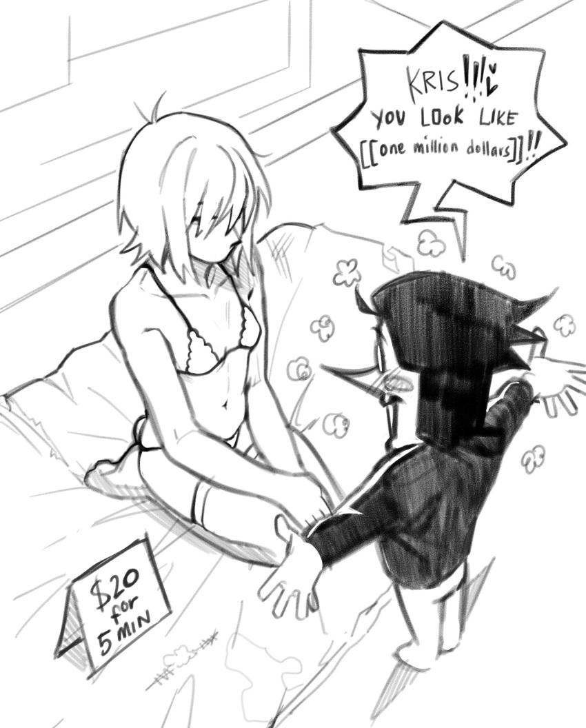 1_girl 1boy 1girl 2020s 2021 2d 2d_(artwork) bigger_female bikini bikini_bottom bikini_top black_and_white breasts clothed clothing darkner deltarune deltarune_chapter_2 digital_media_(artwork) duo english_text female female_human female_kris_(deltarune) flat_chest flat_chested hair human humanoid implied_prostitution kneeling kris_(deltarune) larger_female legwear male minominoks monochrome pointy_nose price sitting small_breasts smaller_humanoid smaller_male spamton_g._spamton stockings text thighhighs undertale_(series) video_game_character video_games