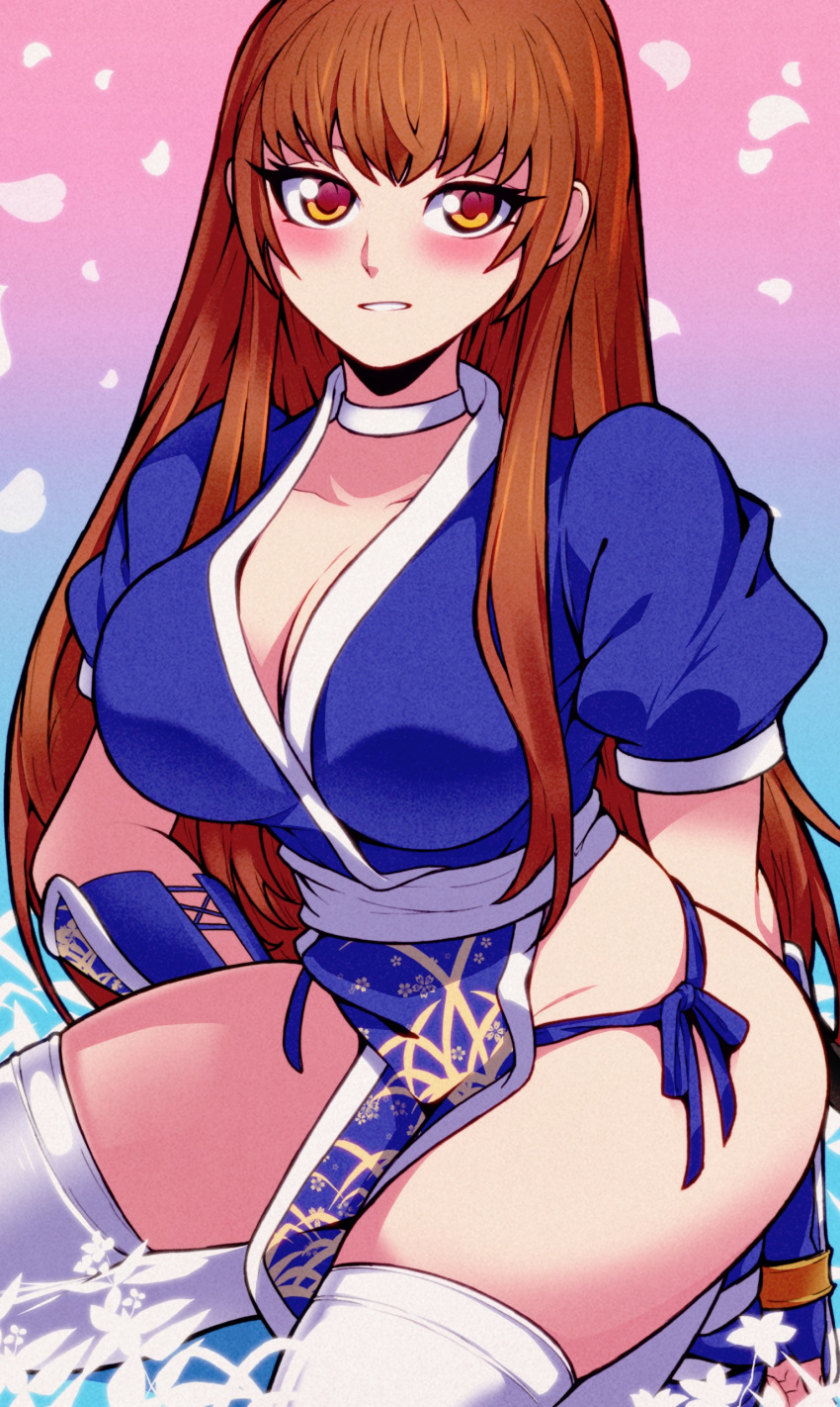 1girl absurd_res aquamarinesss beautiful big_breasts blush brown_eyes brown_hair cleavage dead_or_alive fuckable high_res hot insanely_hot kasumi_(doa) looking_at_viewer naked_under_clothes no_bra no_panties no_underwear pelvic_curtain sexy smiling