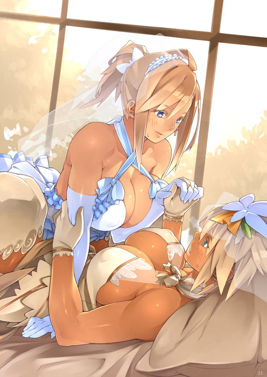 23_(real_xxiii) 2_girls 2girls ahoge ahoge_girl_(23) all_fours anniversary arm_grab arm_support arms artist_name bare_shoulders bed big_breasts blonde blonde_hair blue_eyes blush breasts bridal_gauntlets bridal_veil cleavage colored_eyelashes couple covered_nipples criss-cross_halter cross cross_earrings dark-skinned_female dark-skinned_girl_(23) dark_skin dress earrings elbow_gloves erect_nipples eye_contact eyelashes female female_only flower girl_on_top gloves hair_up halterneck hand_holding high_res highres holding_another's_arm holding_hands huge_breasts interlocked_fingers interracial jewelry light-skinned_female light_skin lips looking_at_another looking_down looking_up love lying matching_earrings multiple_girls muscle muscular muscular_female mutual_yuri neck on_back original parted_lips pillow ponytail real_xxiii sela_(23) shiny shiny_skin short_hair silver_hair smile sweat sweatdrop tan ursula_(23) veil wedding_dress white_dress white_gloves wife_and_wife window yuri