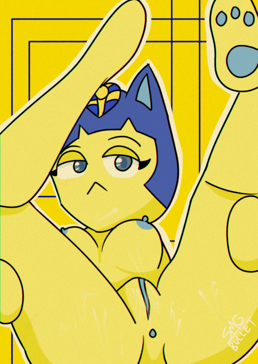 1girl animal_crossing ankha_(animal_crossing) anthro anthro_only anus artist_name blue_anus blue_areola blue_eyes blue_nipples blue_pussy breasts butthole cat cat_ears cum cum_in_pussy female_only furry lewd nipples presenting presenting_anus presenting_pussy pussy self_upload smgbullet yellow_background yellow_body