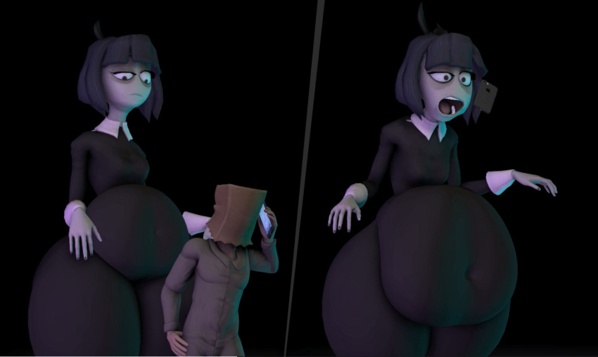 1boy 1girl adult_swim ass big_ass big_belly creepy_susie digestion eaten_alive goth goth_girl md002 mini_giantess phone sfm source_filmmaker the_oblongs thick_thighs vore weight_gain