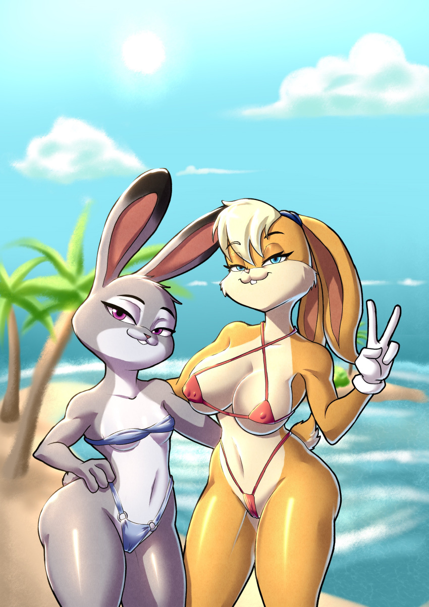2_girls 2girls alternate_version_available anthro beach big_breasts bikini blue_bikini blue_swimsuit breasts cameltoe crossover disney erect_nipples erect_nipples_under_clothes female_only furry hand_on_hip judy_hopps lola_bunny looking_at_viewer looney_tunes micro_bikini navel notilustregui ocean outside rabbit red_bikini red_swimsuit sea small_breasts smile space_jam swimsuit tail v v_sign warner_brothers water zootopia