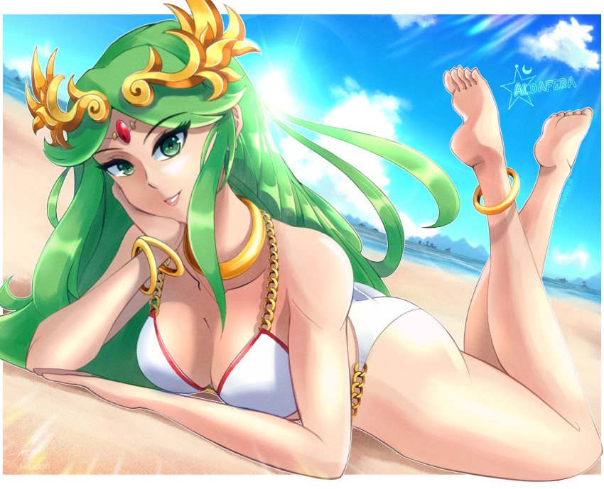 1girl 1girl 1girl aldafera alluring anklet ass ass barefoot beach big_ass big_ass big_breasts big_thighs bikini bracelet breasts chain_bikini cleavage dat_ass eyebrows_visible_through_hair female_only green_eyes green_hair holding_head kid_icarus laurel_crown light-skinned_female light_skin lips lipstick long_hair looking_at_viewer lying lying_on_stomach nintendo pale_skin palutena pinup smile swimsuit wide_hips