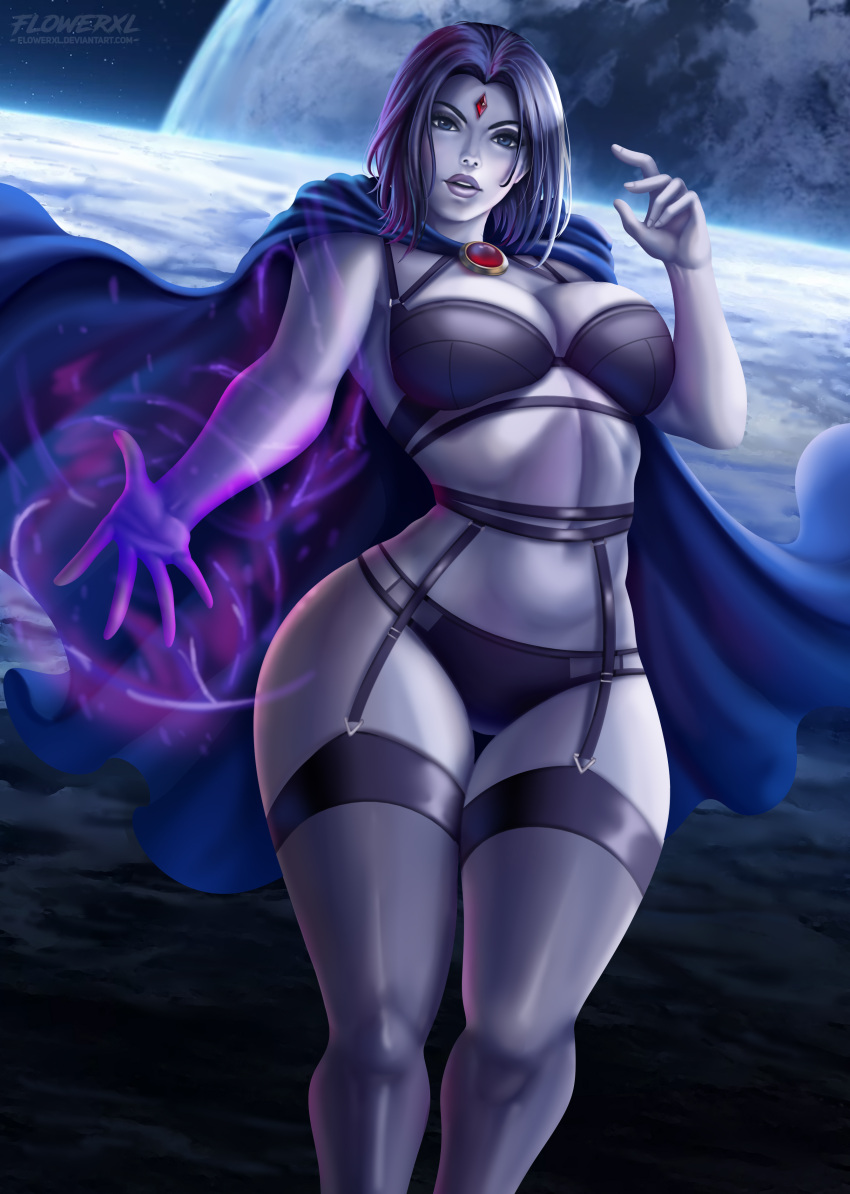 1girl artist_signature big_breasts blue_cape blue_eyes breasts cape cleavage dc_comics deviantart_username earth feet female_only flowerxl front_view gather_belt grey-skinned_female grey_skin hourglass_figure jewelry koriand'r lingerie looking_at_viewer object_request pinup purple_belt purple_bra purple_hair purple_lingerie purple_mouth purple_panties purple_stockings rachel_roth raven_(dc) short_hair solo_female space_background straight straight_hair teen_titans thick_thighs wide_hips