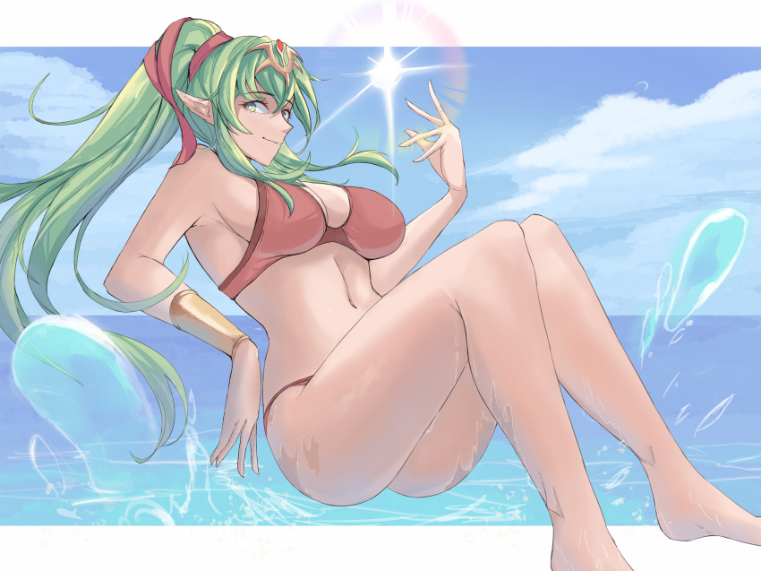 1girl 1girl 1girl absurd_res alluring alternate_costume big_breasts bikini blue_sky calmgreentori cleavage cloud female_only fire_emblem fire_emblem_awakening fire_emblem_heroes green_eyes green_hair high_res long_hair looking_at_viewer navel nintendo ocean official_alternate_costume pointy_ears ponytail red_bikini red_swimsuit sideboob sky smile swimsuit tiara tiki_(adult)_(fire_emblem) tiki_(adult)_(summer)_(fire_emblem) tiki_(fire_emblem) wet