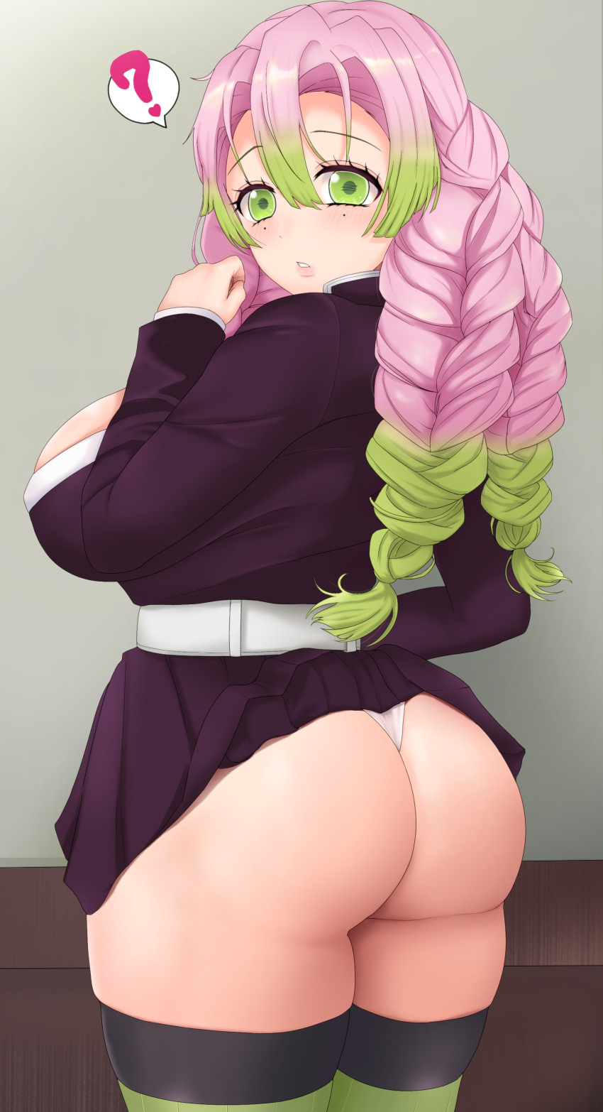 1girl 1girl ? ass big_ass big_breasts big_breasts bottomwear breasts clothed_female clothing dat_ass demon_slayer female_focus female_only green_eyes hair high_res huge_ass huge_breasts kanroji_mitsuri kimetsu_no_yaiba legwear lips long_hair mature mature_female mole mole_under_eye otohukebonne panties pink_hair question_mark skirt skirt_up solo_female solo_focus stockings tagme thick_thighs thighs topwear two_tone_hair