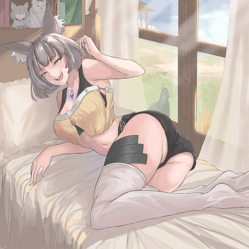 1girl alluring animal_ears ass ass_focus calmgreentori cat_ears cat_girl core_crystal female_only grey_hair indoors looking_at_viewer looking_back medium_breasts nia nia_(blade) nia_(blade)_(xenoblade) nia_(xenoblade) nintendo on_bed short_hair thighs xenoblade_(series) xenoblade_chronicles_2 yellow_eyes