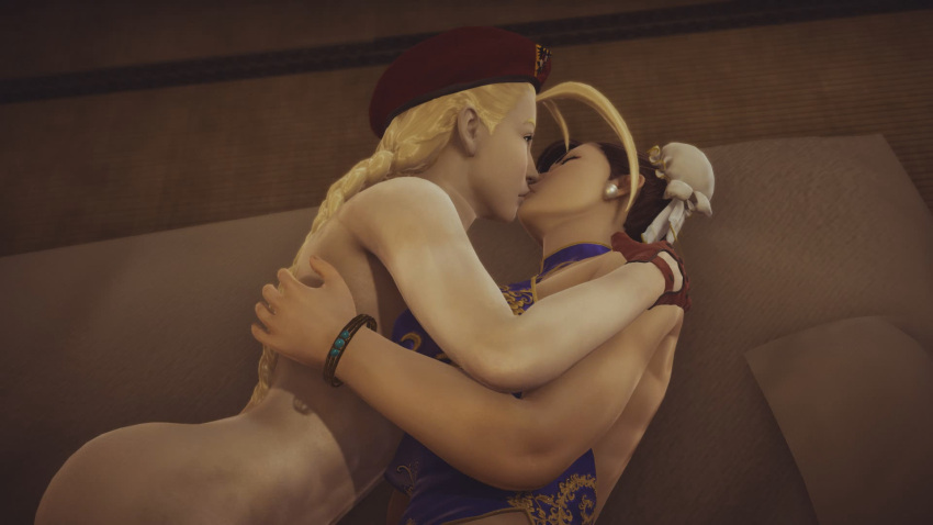 16:9_aspect_ratio 3d ass bare_shoulders beret blonde blonde_hair bracelet brown_hair cammy_white chun-li gloves kissing kissing light-skinned light-skinned_female light_skin long_hair looking_at_partner lying partially_clothed red_gloves shoulders street_fighter video_game video_game_character video_game_franchise video_games