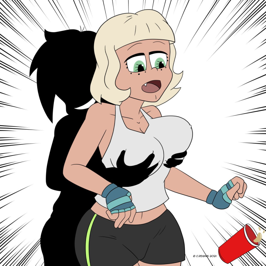 1boy 1boy1girl 1girl assertive athletic_female bare_shoulders beverage big_breasts black_bottomwear black_clothes black_clothing black_shorts blonde blonde_hair blue_gloves blue_handwear bottomwear breasts clothed clothes colored_background curvy curvy_body curvy_female disney disney_channel disney_xd faceless faceless_character faceless_male fang female freckles gloves grabbing grabbing_breasts grabbing_from_behind green_eyes groping groping_breasts groping_from_behind hand_on_breast handwear hetero hourglass_figure human indoors jackie_lynn_thomas male male/female maledom marco_diaz multicolored_hair music musical_note party reigning_art short_hair solo_focus squeezing squeezing_breasts star_vs_the_forces_of_evil straight surprise surprised t-shirt topwear two_tone_hair white_clothes white_clothing white_t-shit white_topwear wide_hips