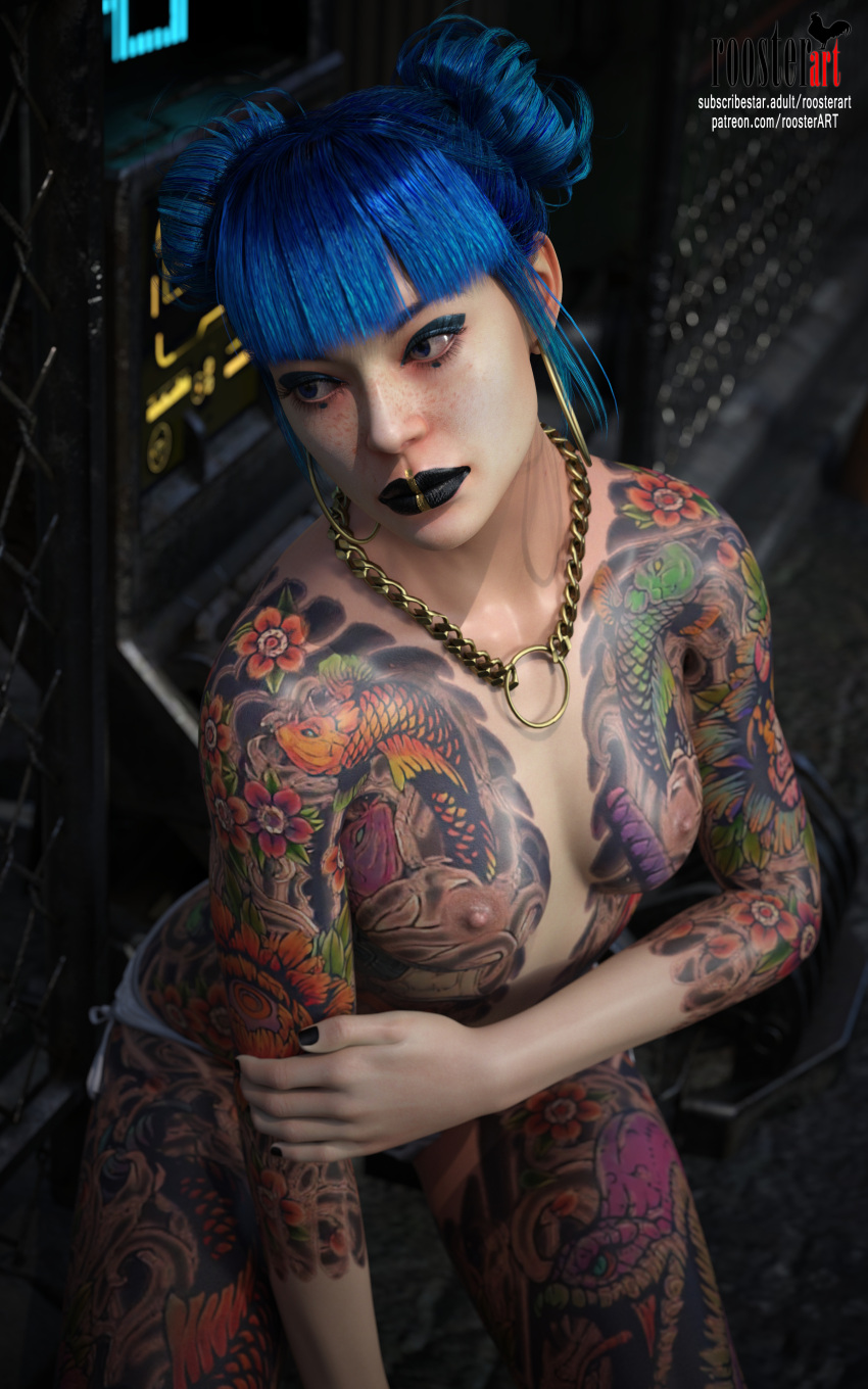 10:16 1girl 3d 3d_(artwork) 4k black_nails blue_hair breast_tattoo breasts chain cheri_nowlin cyberpunk cyberpunk_2077 dark_lips dark_lipstick erect_nipples female_focus female_only freckles freckles_on_face looking_away makeup night nipples open_eyes outside painted_nails panties patreon patreon_username roosterart solo_female solo_focus subscribestar subscribestar_username tattoo tattoo_on_breast tattoo_on_legs tattooed_arm tattoos video_game video_game_character video_game_franchise white_panties