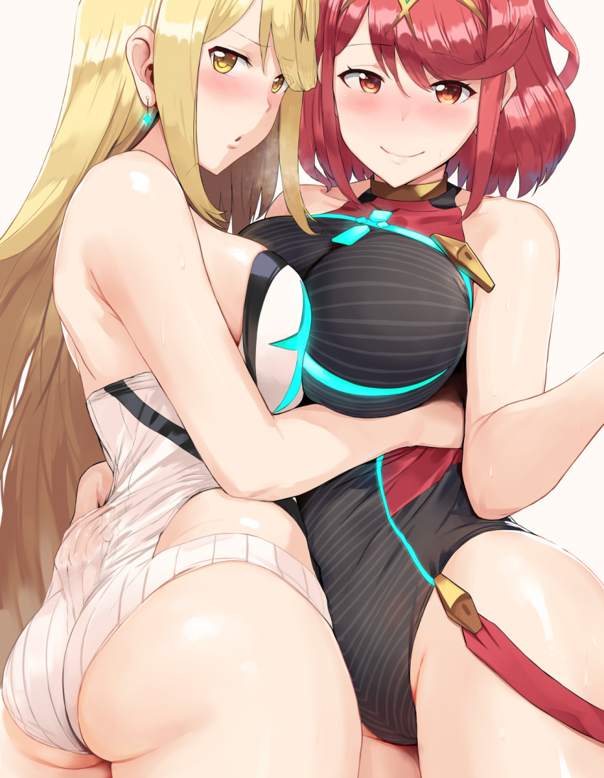 2_girls absurd_res alluring ass bangs bare_shoulders big_breasts black_swimsuit blonde_hair blush breast_press breasts breath cleavage collarbone commentary covered_collarbone covered_navel dat_ass earrings female_only hand_under_clothes hand_under_swimsuit headpiece hews_hack high_res hip_focus hips huge_filesize jewelry long_blonde_hair long_hair looking_at_viewer multiple_girls mythra mythra_(radiant_beach)_(xenoblade) nintendo one-piece_swimsuit open_mouth paid_reward patreon_reward pyra pyra_(pro_swimmer)_(xenoblade) red_eyes red_hair red_swimsuit selfcest short_hair short_red_hair sidelocks simple_background smile source_request swept_bangs swimsuit symmetrical_docking tiara two-tone_swimsuit very_long_hair white_background white_swimsuit xenoblade_(series) xenoblade_chronicles_2 yellow_eyes yuri