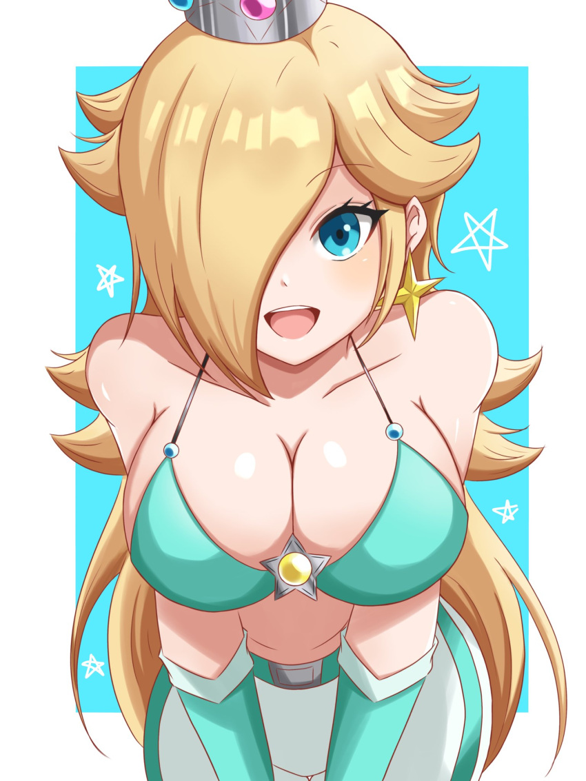 1girl alluring big_breasts big_thighs blonde_hair blue_eyes bra breasts crown ear_piercing earrings grin light-skinned_female light_skin long_hair looking_at_viewer mario_(series) mouth nintendo one_eye_covered one_eye_obstructed open_mouth princess_rosalina rosalina shiny_breasts shiny_skin smile smiling_at_viewer solo_female super_mario_bros. teeth teeth_showing teeth_visible thighs yassrosalina yellow_hair