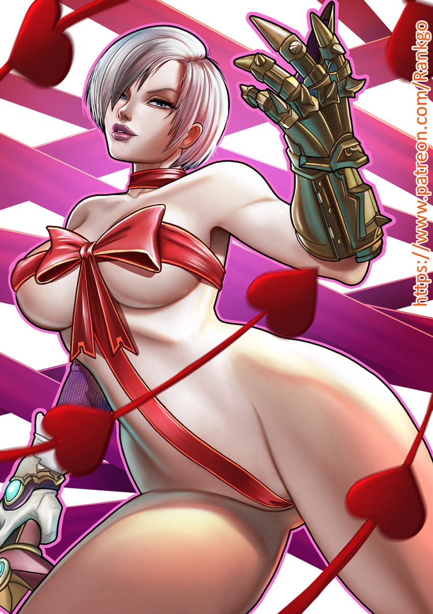 1girl 1girl alluring bandai_namco big_breasts blue_eyes bow breasts caucasian choker covered_breasts covered_nipples covered_pussy curvy eyelashes fighting_game gloves hearts huge_breasts isabella_valentine ivy_valentine legs looking_at_viewer mostly_nude namco namco_bandai parted_lips project_soul rankgo revealing_clothes ribbon robotic_arm sexy short_hair short_hair_female soul_calibur standing stomach thick thick_thighs toned valentine's_day watermark website_logo white_hair wide_hips