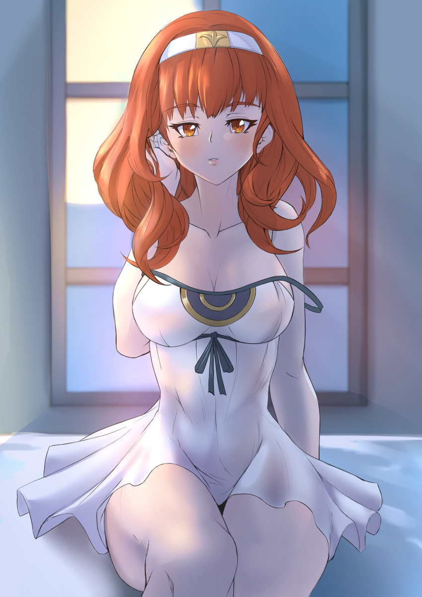 1girl absurd_res alluring bare_legs bare_shoulders celica_(fire_emblem) cleavage deekei dress fire_emblem fire_emblem_echoes:_shadows_of_valentia fire_emblem_heroes fully_clothed gown hair_tucking hairband hand_up high_res indoors long_hair looking_at_viewer md5_mismatch night night_sky nightgown parted_lips princess red_eyes red_hair resolution_mismatch seductive_look sky sleepwear source_smaller thighs white_hairband