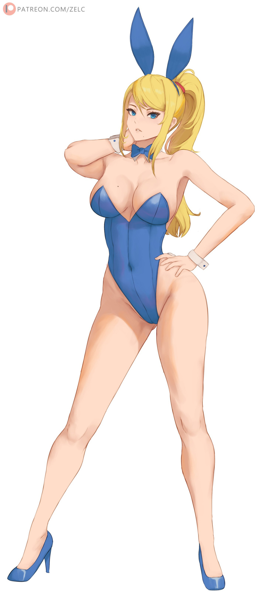 1girl 1girl absurd_res alluring alternate_costume animal_ears bare_legs blonde_hair blue_eyes blue_leotard bow bowtie breasts commentary covered_navel detached_collar english_commentary fake_animal_ears fake_tail full_body hand_on_own_hip high_heels high_res highleg legs leotard long_hair looking_at_viewer medium_breasts metroid mole mole_on_breast mole_under_mouth nintendo playboy_bunny ponytail rabbit_ears rabbit_tail samus_aran simple_background standing strapless strapless_leotard tail traditional_bowtie white_background wrist_cuffs zelc-face