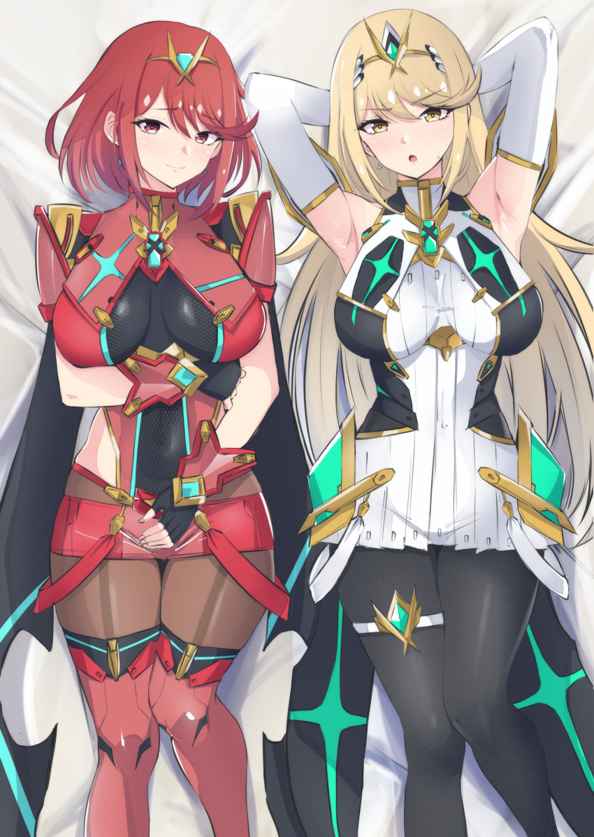 2_girls absurd_res alluring arm_guards backless_outfit bare_shoulders big_breasts black_gloves black_pantyhose blonde_hair blush bob_cut breasts chest_jewel dress drop_earrings earrings elbow_gloves fingerless_gloves gloves high_res jewelry latte long_hair lying micro_shorts microdress multiple_girls mythra nintendo on_back on_bed pantyhose pantyhose_under_shorts pyra raised_eyebrows red_eyes red_hair red_shorts red_thighhighs short_hair short_sleeves shorts skindentation sleeveless sleeveless_dress stockings super_smash_bros._ultimate suspenders swept_bangs thigh_strap thighhighs_over_pantyhose tiara very_long_hair white_dress white_gloves xenoblade_(series) xenoblade_chronicles_2 yellow_eyes