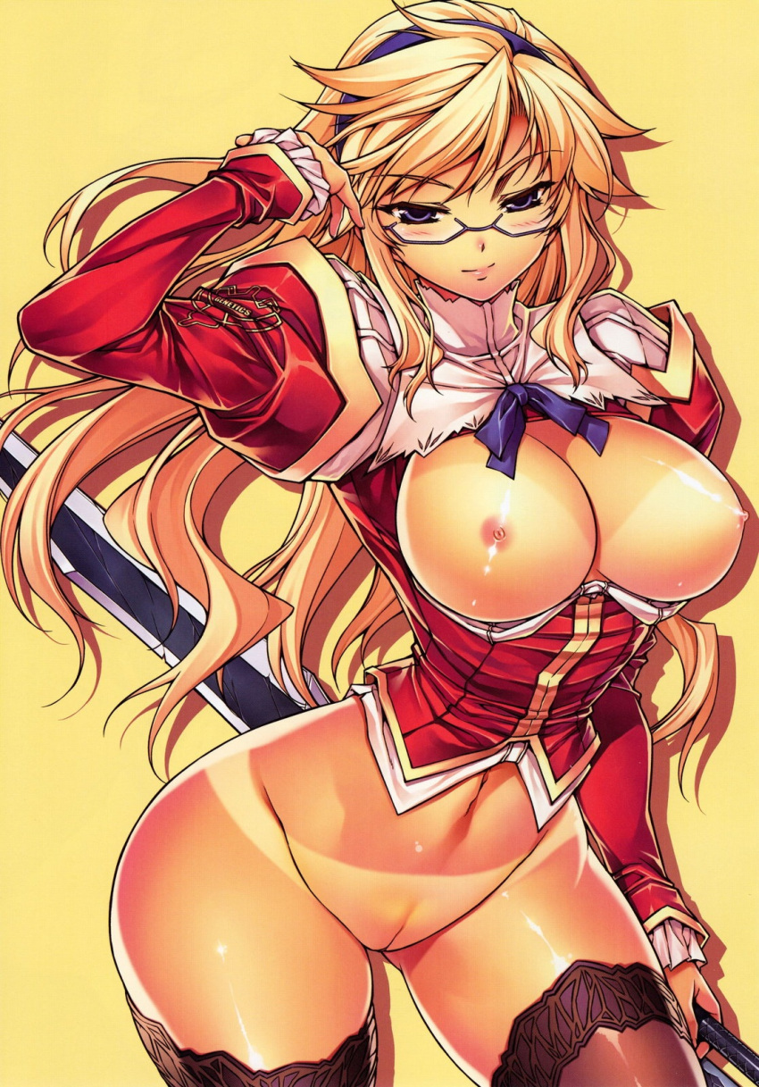 1girl arched_back big_breasts black_legwear blonde_hair blue_eyes blush bottomless bow breasts cross_make female female_only freezing_(series) glasses groin hairband headband highres hips long_hair mound_of_venus navel nipples no_bra no_panties pussy satellizer_el_bridget solo solo_female soo-hyon_lee sword tan tanline thighhighs uncensored weapon wide_hips