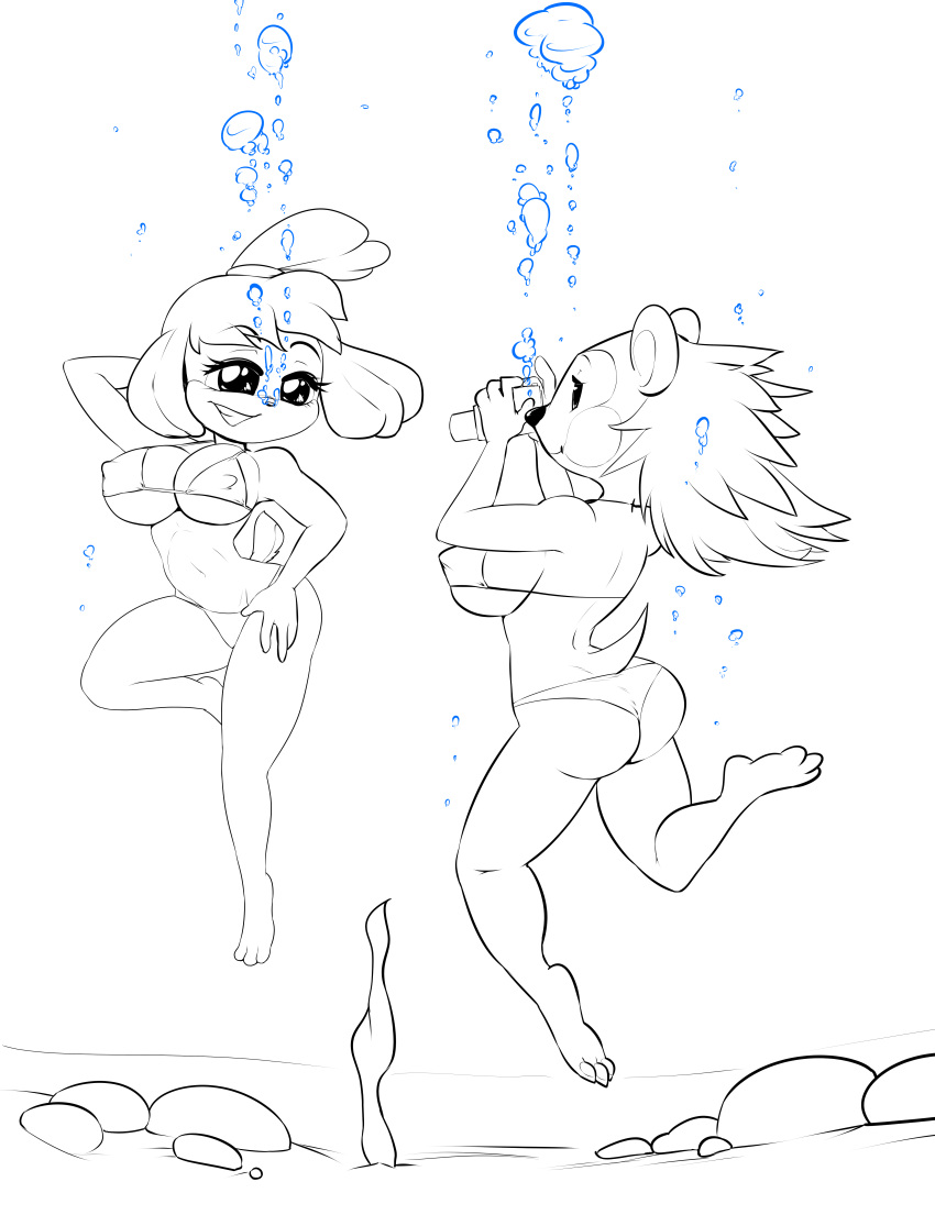 2girls absurd_res animal_crossing anthro ass barefoot big_ass big_breasts bikini breasts byondrage camera canid canine canis clothing domestic_dog eulipotyphlan feet female female/female female_only freediving hedgehog hi_res high_res isabelle_(animal_crossing) mabel_able mammal modelling monochrome navel nintendo panties pose shih_tzu side_boob swimming swimwear thick_thighs toy_dog underwater underwear water wide_hips