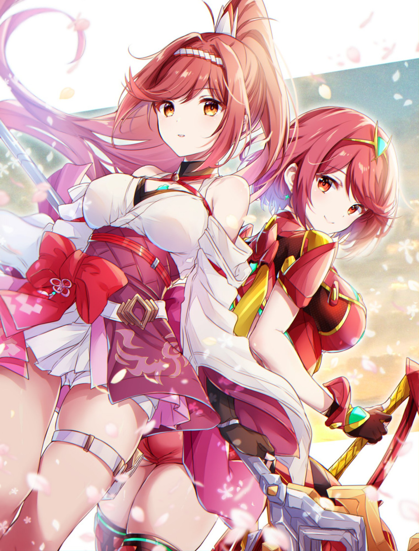 2_girls aegis_sword_(xenoblade) alluring bare_shoulders big_breasts breasts chest_jewel cleavage core_crystal_(xenoblade) criss-cross_halter detached_sleeves earrings fingerless_gloves glimmer_(xenoblade) gloves hairband halterneck headpiece high_ponytail high_res japanese_clothes jewelry kimono long_hair looking_at_viewer milf mother_&amp;_daughter multiple_girls nintendo obi ponytail pyra red_eyes red_hair sash short_hair shorts smile stockings swept_bangs tiara two-tone_hairband ui_frara white_kimono xenoblade_(series) xenoblade_chronicles_2 xenoblade_chronicles_3 xenoblade_chronicles_3:_future_redeemed